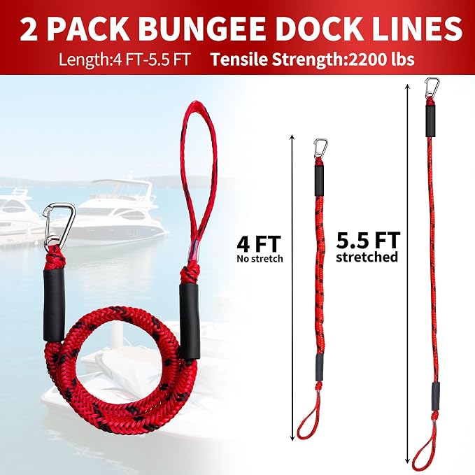 Bungee Dock Line with Stainless Steel Clip – Boat Dock Rope with Foam Float for Kayak, Canoe, Pontoon, Watercraft, SeaDoo, Docking – 4–5.5 ft, 2 Pack（Red&Black）