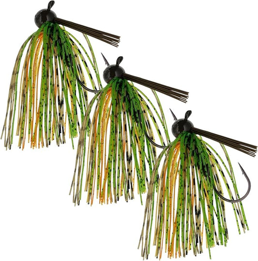Reaction Tackle Football Jigs for Bass Fishing - Weedless Bait Design/Foot Ball Jig Head/Fishing Lures and Silicone Skirt - Also Pike, Walleye and Muskie and More (3-Pack)