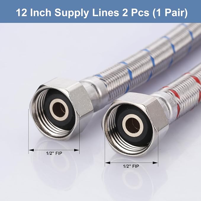 12 Inch Length Faucet Hose 1/2” to 1/2”, Braided Stainless Steel cUPC Supply Lines 1/2 Inch FIP x 1/2 Inch FIP Sink Hose Attachment for Faucet 1 Pair