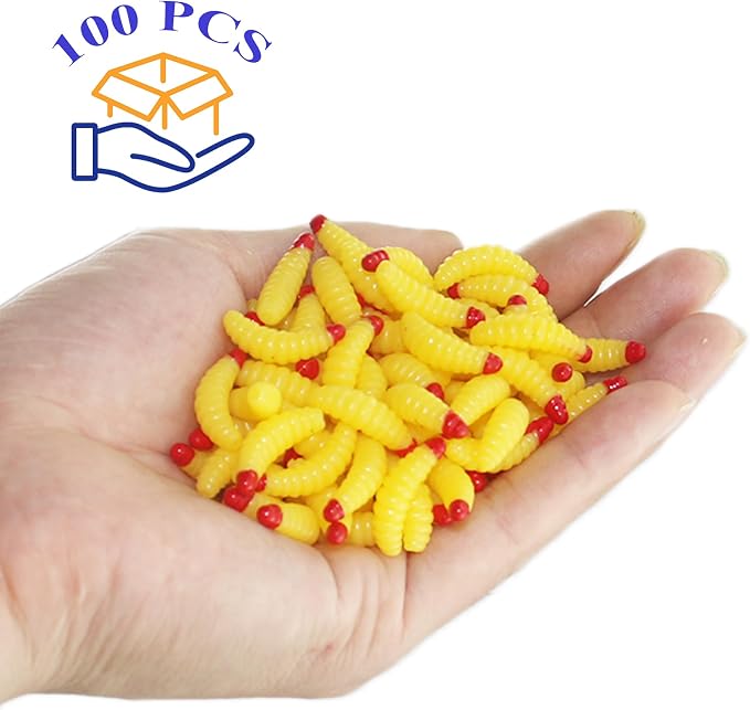 Fake Maggots Soft Worm Tipped Lure Wax Worms for Fishing or Pranks, Ice Fishing Lures Baits Perfect for Crappies Sunfish Catfish Bream Blue Gills Perch Trout Worms