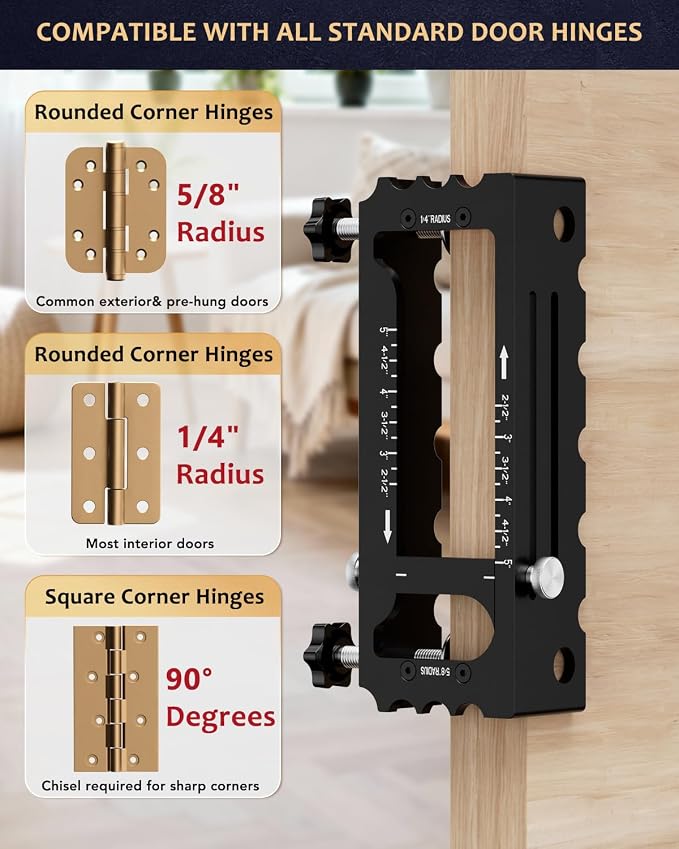 Door Hinge Jig Tool for Router, Adjustable Aluminum Alloy Mortise Jig Fits Door Hinges 2.5" -5", Door Hinge Template Installation Kit, 1/4" & 5/8" Radius and Square Corners, Black