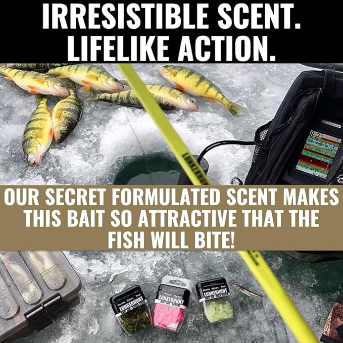 LUNKERHUNT Fishing Jar with Unique Scent Attractant | 1.5-Inch Durable Bait for Ice Fishing | Reusable Soft Plastic Lure for Bass, Trout and Pike