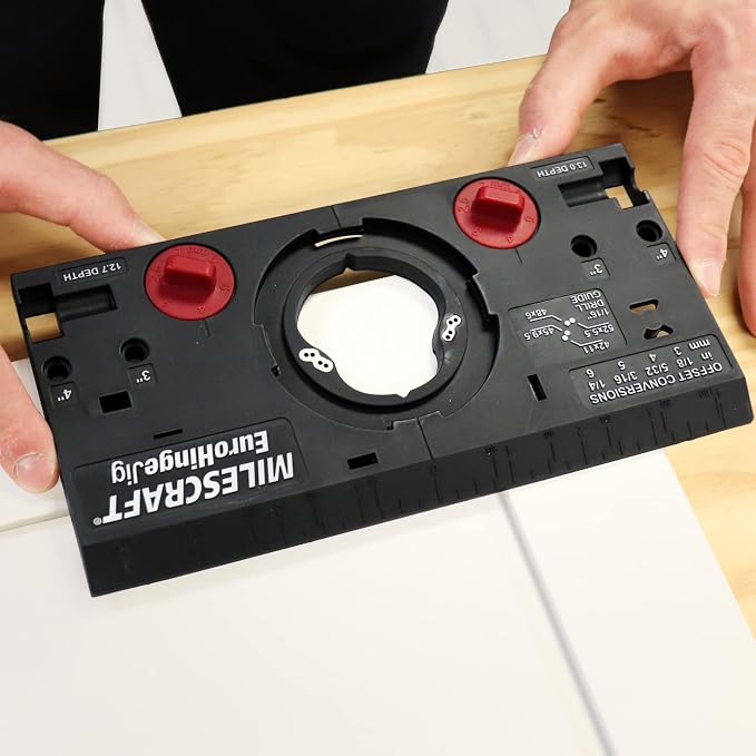 Milescraft 1342 Euro Hinge Jig – Concealed Hinge Jig, Drilling Guide, Drill Guide Jig for Framed and Frameless Cabinets. Metal Drill Guide Produces Perfect Hinge Holes. 35 mm Forstner Bit Included
