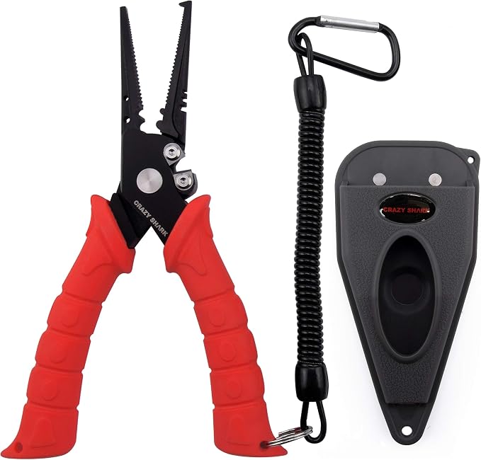 Fishing Pliers, Stainless Steel Fishing Tools, Saltwater Resistant Fishing Gear, Tungsten Carbide Cutters, Split Ring Pliers, Hook Remover with Coiled Lanyard and Sheath
