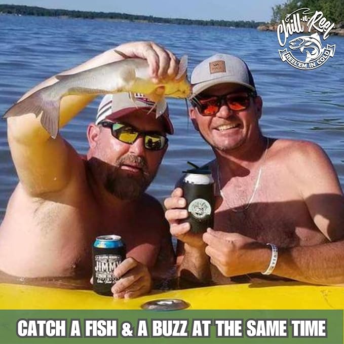 Made in USA | Fishing Can Cooler from Shark Tank | Hard Shell Drink Holder with Hand Line Reel | Fits Most Can Sleeves or Coozies | Unique Fishing Gift for Men | Retail Box Packaging | Black