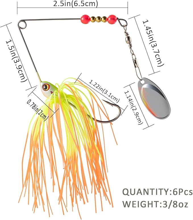 Spinner Baits for Bass Fishing 3/8oz, 6 Pcs Freshwater Fishing Lures Kit, Premium Spinnerbaits for Walleye, Crappie, Salmon & Pike