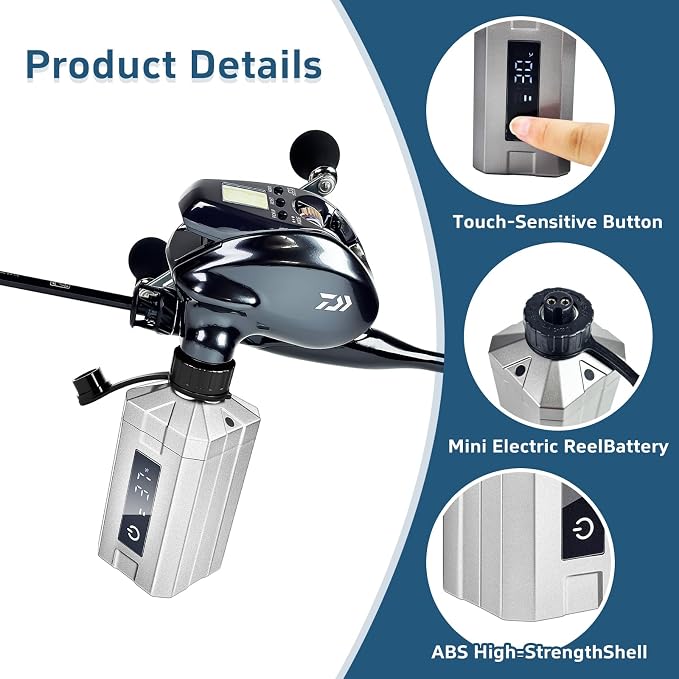 Super Mini Electric Fishing Reel Battery. Latest Model with Digital LED Display. Compatible with Daiwa & Shimano Electric reels.