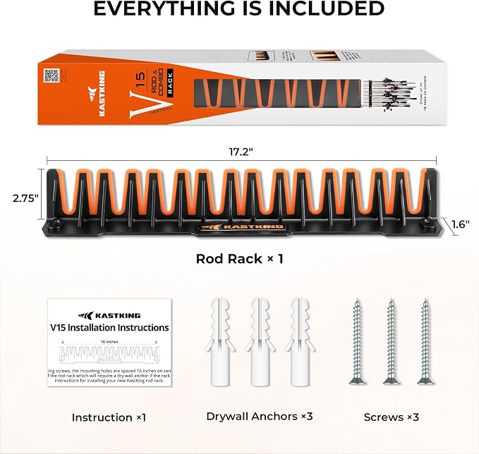 KastKing V15 Vertical Fishing Rod Holder – Wall Mounted Fishing Rod Rack, Store 15 Rods or Fishing Rod Combos in 17.25 Inches, Great Fishing Pole Holder and Rack