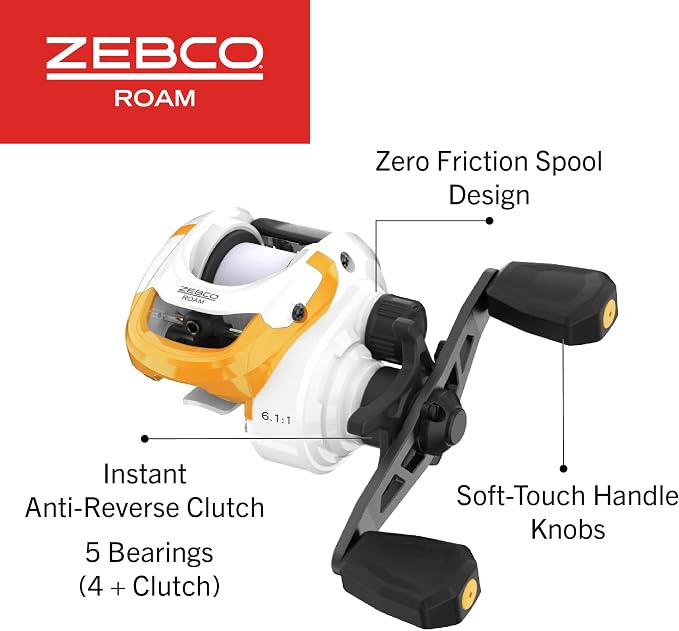 Zebco Roam Baitcast Reel and Fishing Rod Combo, 6-Foot 6-Inch 2-Piece Fiberglass Fishing Pole with Split-Grip MaxTac Rod Handle, Lightweight Graphite Frame, Right-Hand Retrieve