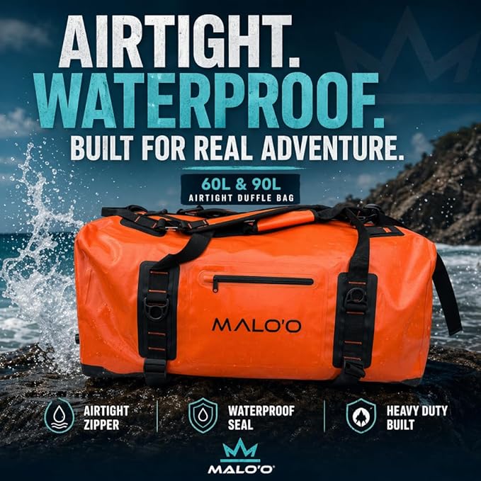 Malo’o 60L & 90L Airtight Waterproof Duffel Bag Backpack – Heavy Duty Dry Bag with Waterproof Zipper, Submersible Gear Bag for Fishing, Boating, Camping, Travel & Outdoor Adventure
