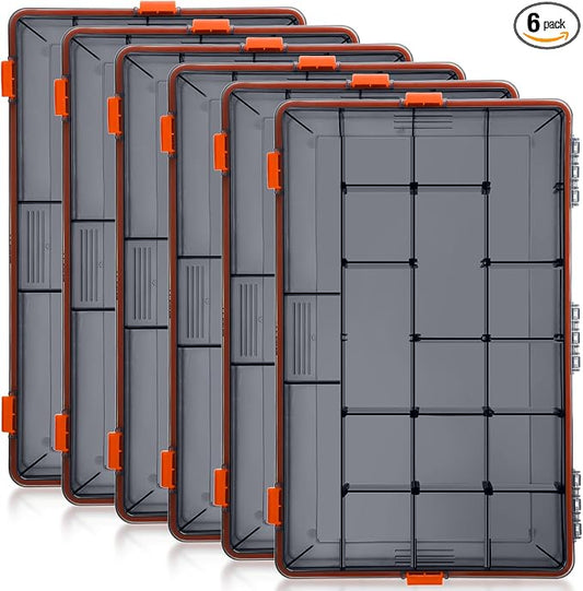Wonderjune 6 Pack Fishing Tackle Boxes Waterproof 3600 and 3700 Tackle Trays with Removable Dividers Plastic Storage Organizer Bait Vault Camouflage Box for Freshwater Saltwater (Orange,3700)