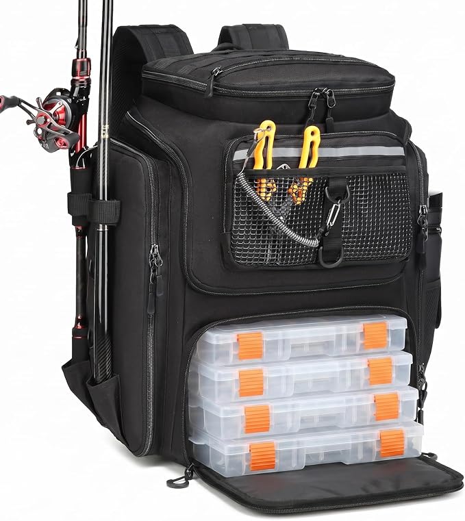 HAMBOLY Fishing Backpack 45L with Rod Holders, Water-Resistant Tackle Backpack for Fishermen, Large Capacity Fishing Gear Bag for Travel Hiking Camping