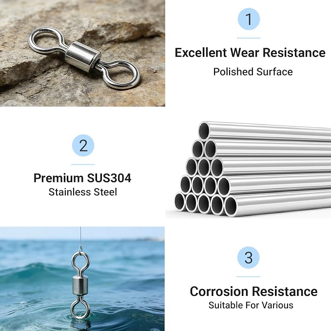 QISHUO Stainless Steel Barrel Swivels Saltwater Connect Lure Swivels Fishing Snap Freshwater Fishing Swivel Heavy Duty SUS304