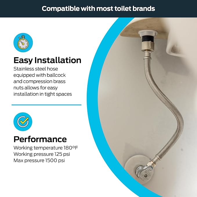 Eastman 20 Inch Flexible Toilet Connector, Stainless Steel Braided Hose with 7/8 Inch Ballcock Nuts, 3/8 Inch Compression, 48090