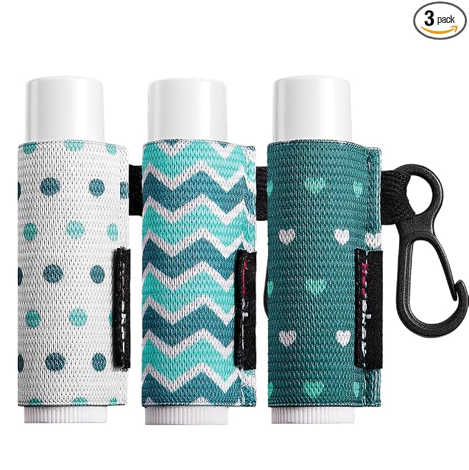 HEYSKAY Lip Balm Holder Sleeves Keychain Chapstick Elastic Sleeves (white dots/wave strip/heard shape), 3 Count (Pack of 1)