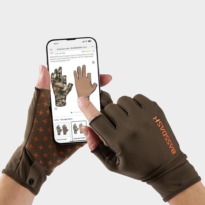 BASSDASH Unisex Fingerless Camo Hunting Gloves for Men's Women's Early Season Warm Weather UPF 50+ Lightweight Fishing Photography HG03