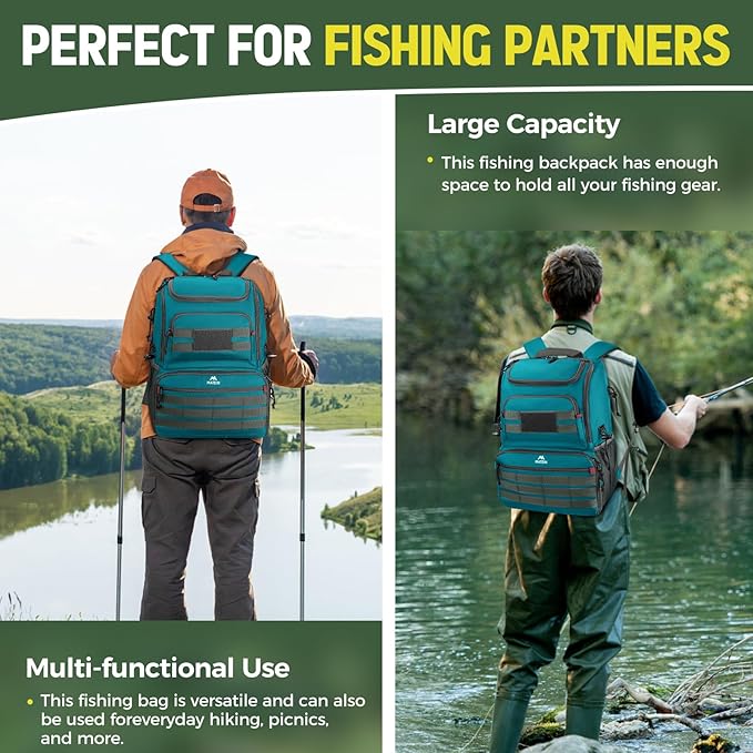 MATEIN Fishing Backpack Tackle Box, Water Resistant Tackle Backpack with Cooler & Rod Holders, Fishing Gifts for Men