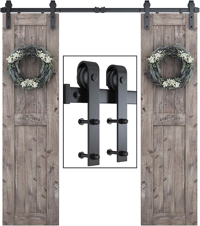 SMARTSTANDARD 6.6 FT Double Barn Door Hardware Kit, Sliding Door Track-Smoothly and Quietly -Includes Detailed Installation Fit 20" Wide Doorpanel (J Shape Hanger) Black