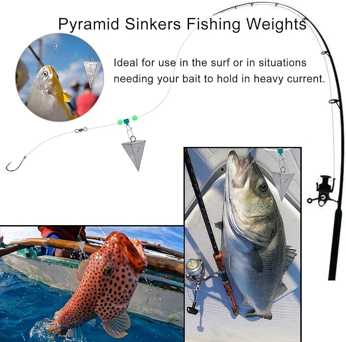 SIWIRIOM Pyramid Sinkers for Surf & Saltwater 6 Pack Fishing Weights Lead Sinkers with Slider Universal Connectors, Fishing Weights Assortment Kits Fishing Gear Tackle 1oz 2oz 3oz
