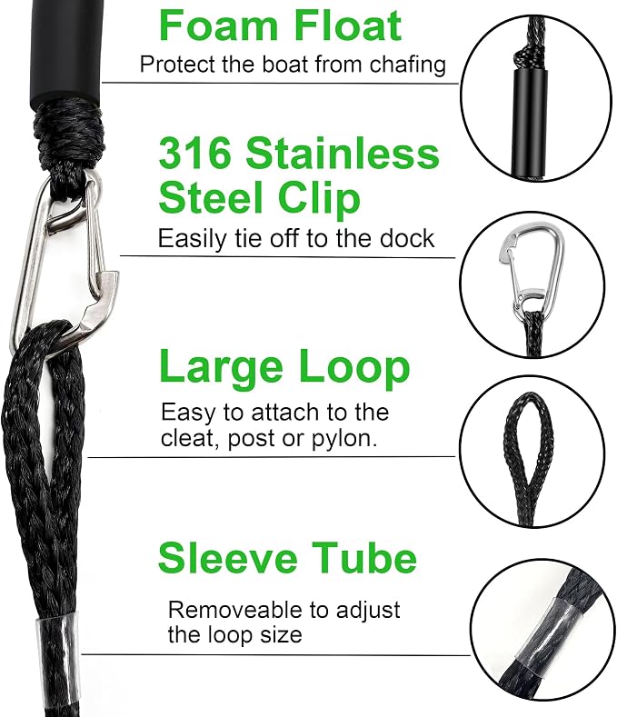 Boat Bungee Dock Lines, Mooring Rope with Stainless Steel Clip,Boat Ropes for Docking, Boat Accessories, Suit for PWC, Kayak, Seadoo, WaveRunner, Pontoon, Bass Boat, 4ft (Black)