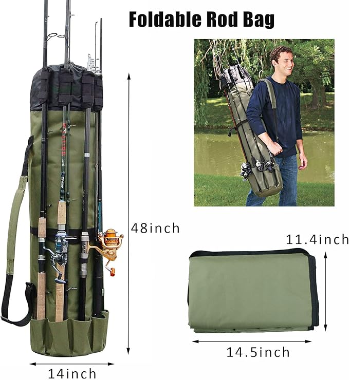 Fishing Pole Bag with Rod Holder Canvas Carrier Bag Fishing Rod Reel Organizer Bag Foldable Fishing Tackle Storage Bag Travel Case Fishing Gifts for Men