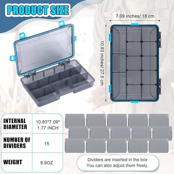 Wonderjune 6 Pack Fishing Tackle Boxes Waterproof 3600 and 3700 Tackle Trays with Removable Dividers Plastic Storage Organizer Bait Vault Camouflage Box for Freshwater Saltwater (Blue,3600)
