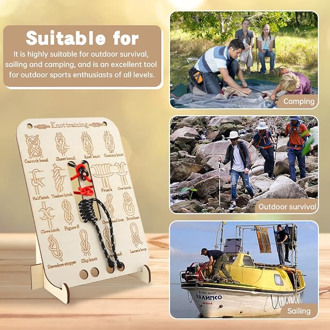 Learn Knot Training Board, 16 Knotting Methods for Beginners, Portable Knot Tying Book for Fishing, Backpacking, Hiking, Outdoor Survival, Camping, Knot-Tying-kit