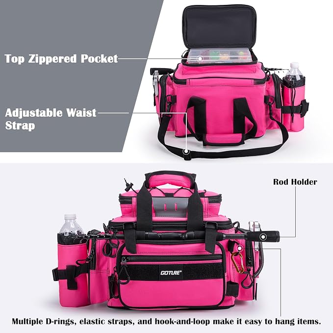 Goture Fishing Tackle Bag, 600D Water-Resistant Soft Side Crossbody Sling Bag with Rod Holder,Small Gear Storage Tactical Bags for Saltwater & Freshwater,Fits 4 3600 Tackle Boxes (Not Included)