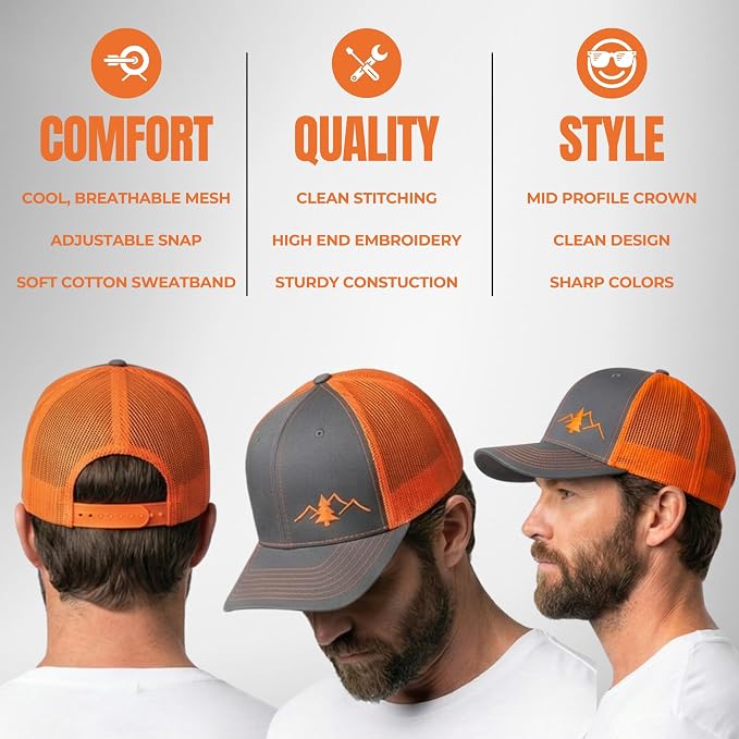 LINDO Trucker Hat [ Great Outdoors Design ] for Men and Women: Mid Profile Cap with Breathable Mesh Back and Adjustable Snap