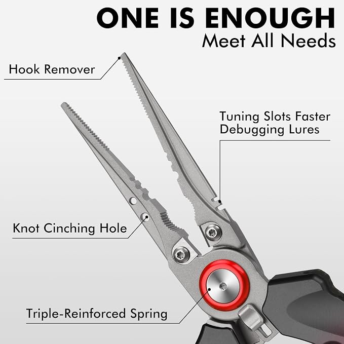 TRUSCEND Easy Use Lockable Fishing Pliers with Tungsten Carbide Cutter, Innovative Ergonomic Handy Handle, Saltwater Corrosion Resistant Teflon Coated Fishing Tool, Light Multi-Function Fishing Gear