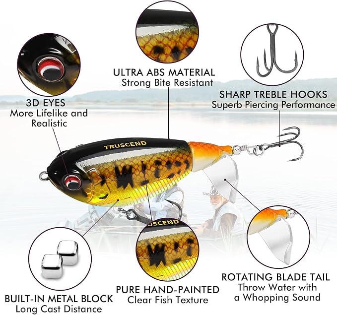 TRUSCEND Popobait Easy Catch Fishing Lures with BKK Hooks, Instant Startup, Longer Cast, Balanced Spray/Sound/Swim, Plopper Topwater Lures for Bass, Trout, Pike, Walleye, Freshwater Saltwater Fishing