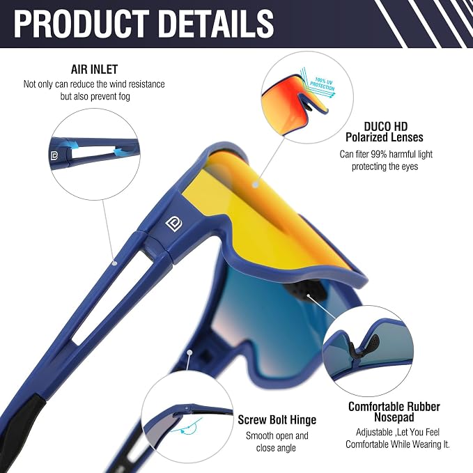 DUCO Polarized Sports Sunglasses for Men Women: UV400 Protection 24g Wrap Around Glasses for Baseball Running Hiking DC0023