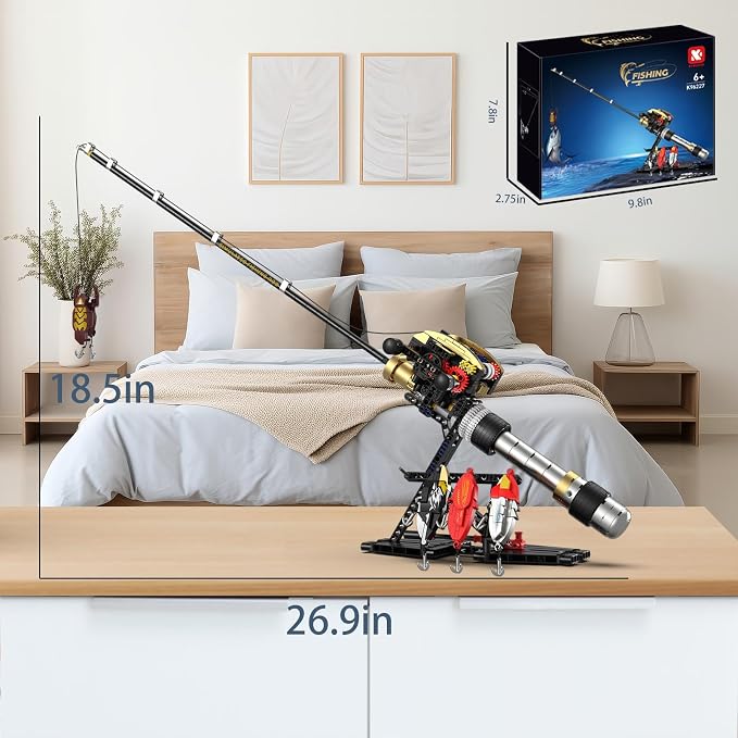 Fishing Rod Building Kit, Designed for Fishing Enthusiasts, is a LEGO-Compatible STEM Construction Toy Suitable for Children and Adults as a Home Decor Gift.