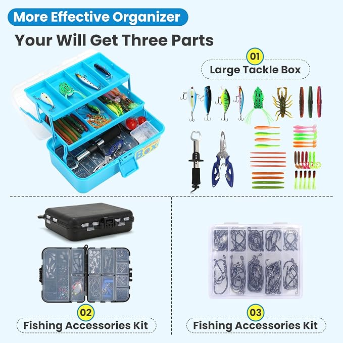Pro 3-Layer FishingTackle Box Kit with Accessories Set,Including Saltwater and Freshwater Lures,Tools,Spacious Storage,All-in-One Bass Fishing Gear Set & Gift for Men(339pcs Fishing Tackle Box)