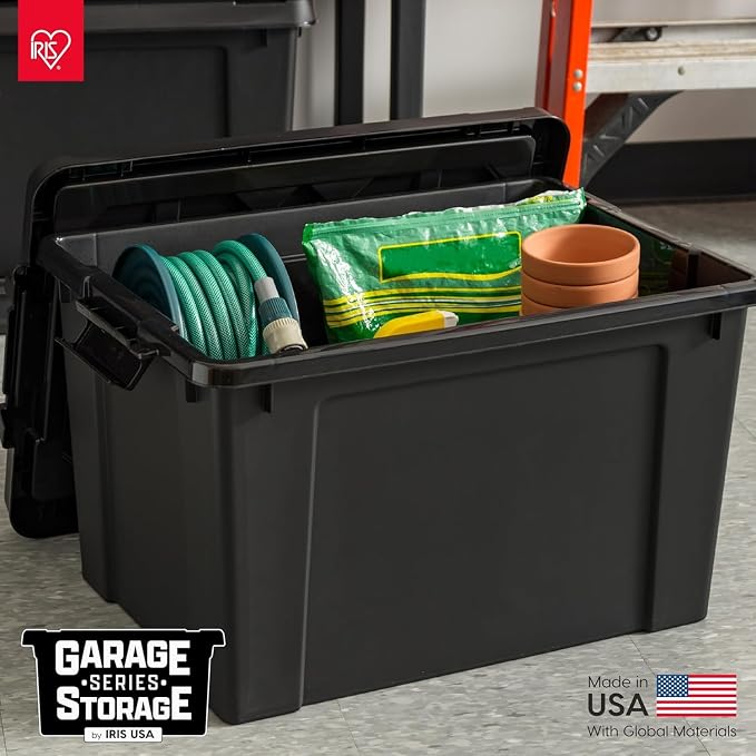 IRIS USA 20 Gallon Lockable Storage Bins with Lids, 6 Pack - Made in USA, Heavy Duty, Stackable Containers, Garage Organizing Bins Moving Tubs, Rugged Sturdy Equipment Utility Box - Black