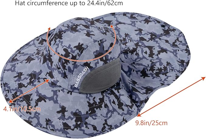 BASSDASH UPF 50+ Unisex Water Resistant Wide Brim Sun Hat with Large Neck Flap Ponytail Fishing Hat for Men Women