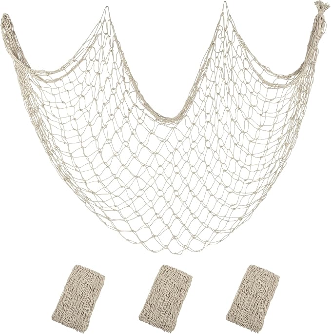 ZUEXT Beige Decorative Fishing Net 5x10 Feet, 3 Pack Large Picture Fish Net Decor, Wall Photo Hanging Fishnet for Nautical Mermaid Pirate Ocean Themed Hawaii Beach Under The Sea Party Decorations