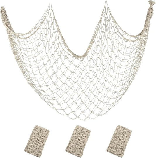 ZUEXT Beige Decorative Fishing Net 5x10 Feet, 3 Pack Large Picture Fish Net Decor, Wall Photo Hanging Fishnet for Nautical Mermaid Pirate Ocean Themed Hawaii Beach Under The Sea Party Decorations