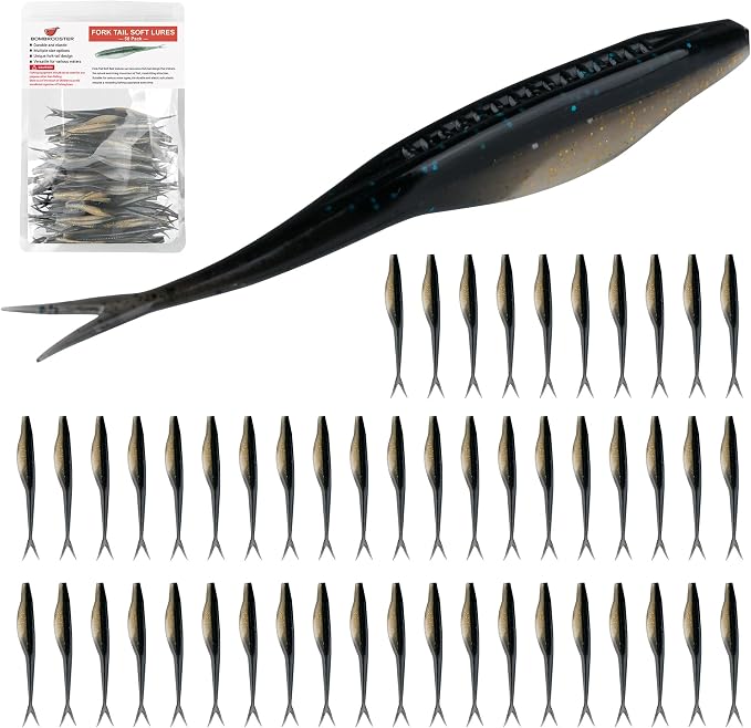 Fishing Bait Soft Plastic Lures 30/50 Pcs, Weighted Hooks 10 Pack & 40-Piece Set, 4in/5in Salty Split Tail Jerk Shad, 3/0 4/0 5/0 Weedless Swimbait Hook for Bass Fishing