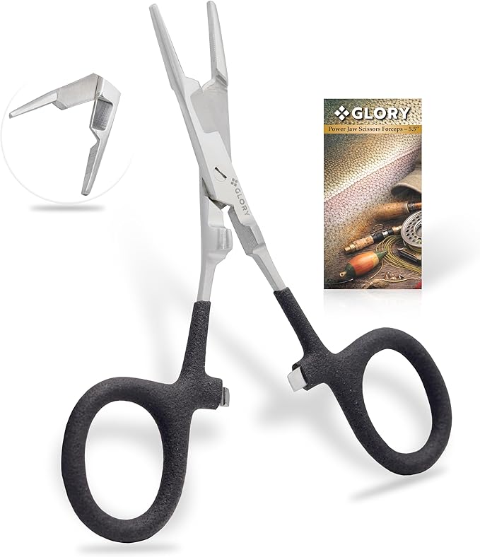 GLORY Fly Fishing Power Jaw Scissors Forceps 5.5 Inch, Stainless Steel Hemostat Clamp with Built-in Line Cutter, Locking Mechanism, Precision Tips for Hook Removal, Fly Tying & Tackle Box