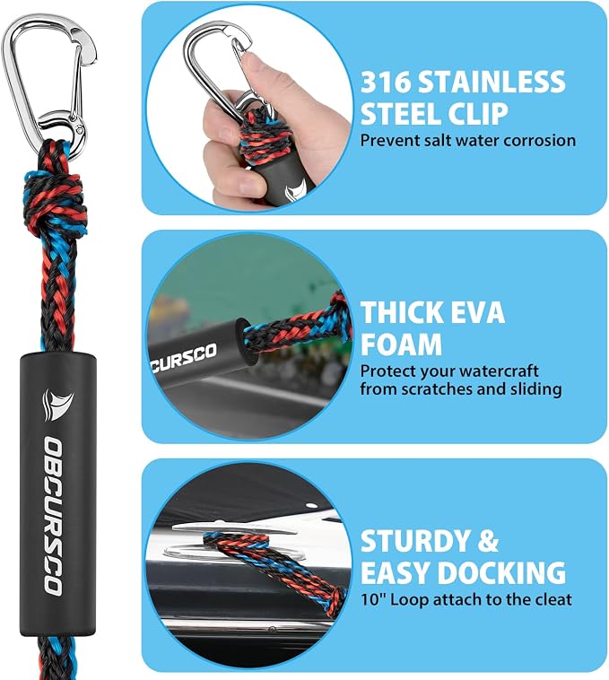 Obcursco Bungee Dock Lines for Boat, Docking Rope with 316 Stainless Steel Clips, Accessories for Jet Ski, PWC, SeaDoo, Pontoon, Center Console, Sets of Two(4ft & 6ft) Black/Red/Blue