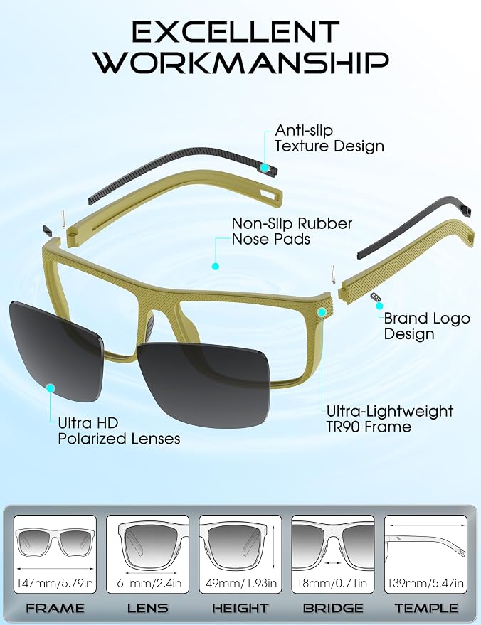 ATTCL Square Polarized Sunglasses for Men: Ultra-Light TR90 Frame UV400 Protection Sun Glasses for Fishing Driving