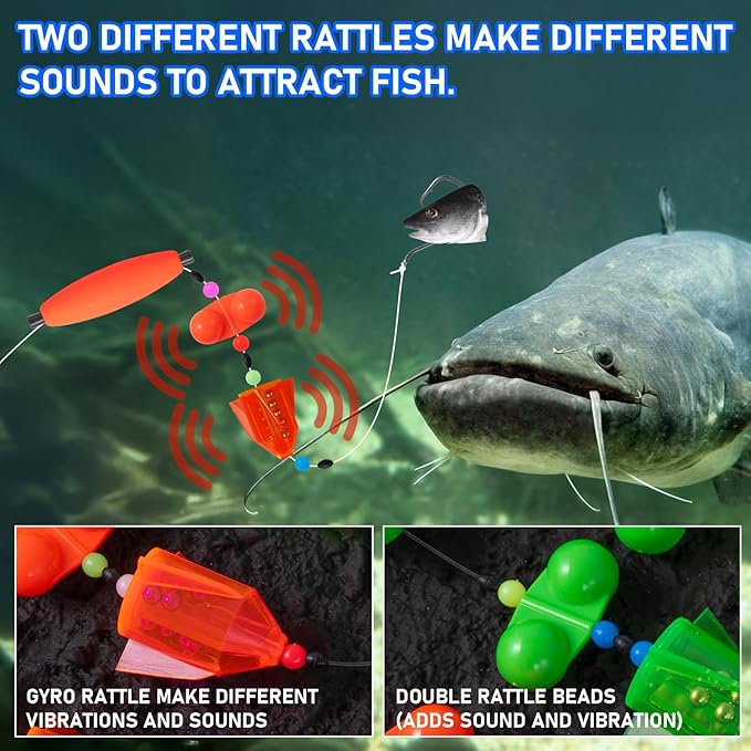 3Pcs/6Pcs Catfish Fishing Rigs Ready Kit，2 in 1 Rotating rattles/Double Rattles Beads, Float Rigs Tackle Santee Rig Peg Catfish，Free Adjustment in freshwter and Saltwater