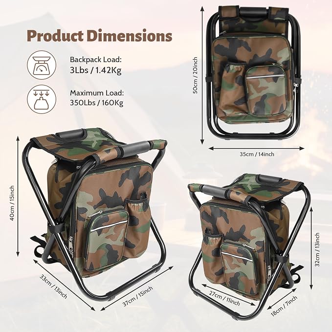 Folding Camping Chair Stool Backpack with Cooler Insulated Picnic Bag, Portable Hunting Fishing Multifunction Chair for Outdoors Hiking Hunting Travel (Camouflage)