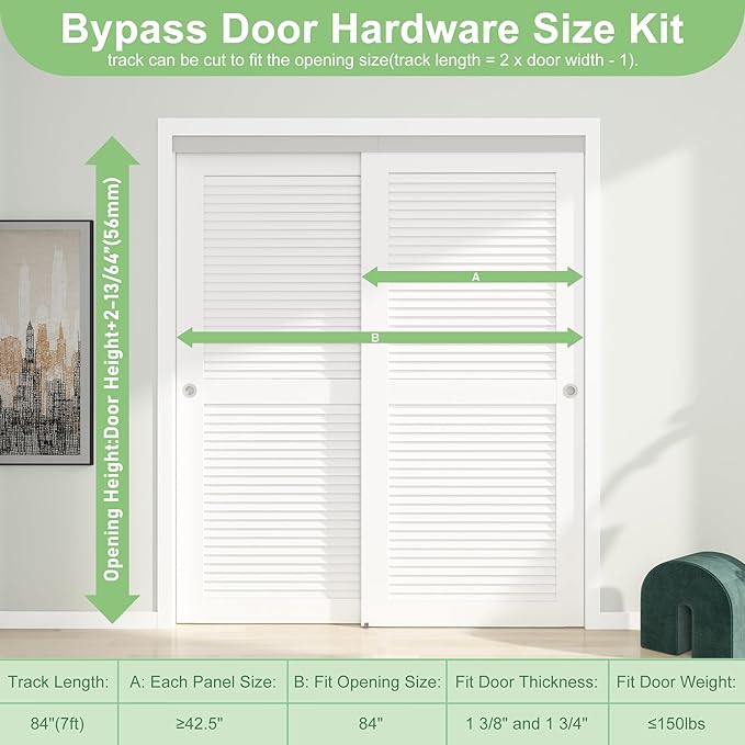 7FT/84(Double 3.5FT) Bypass Door Hardware, Aluminum Double-Closing Sliding Closet Door Hardware with Finger Pull Included, Smoothly and Quietly, Fit Door Thickness 1 3/8" or 1 3/4", Silver