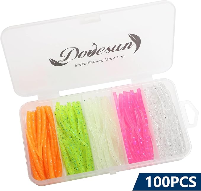 Dovesun Crappie Lures Kit Fishing Soft Plastic Lures Crappie Walleye Trout Bass Fishing Baits Fishing Grub Worms Minnow Paddle-Tail Split-Tail Grub Swimbaits 50-100Pcs with Tackle Box