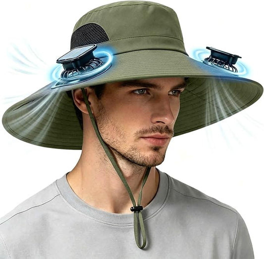 Solar Powered Fan Hat for Men Women Wide Brim Hat with 2 Fans UPF 50+ Outdoor Fishing Beach Sun Hat