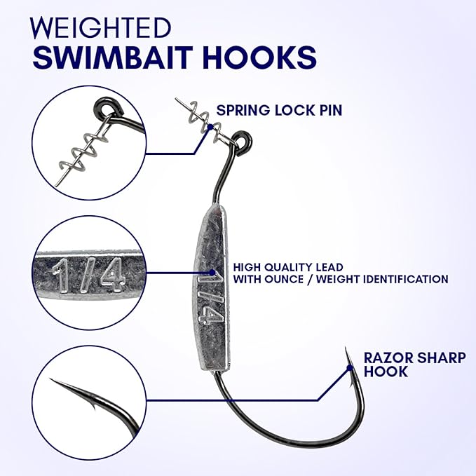 Reaction Tackle Weighted Swimbait Hooks for Bass Fishing - Weedless Fishing Hooks with Twist Lock for Freshwater and Saltwater (10-Pack)