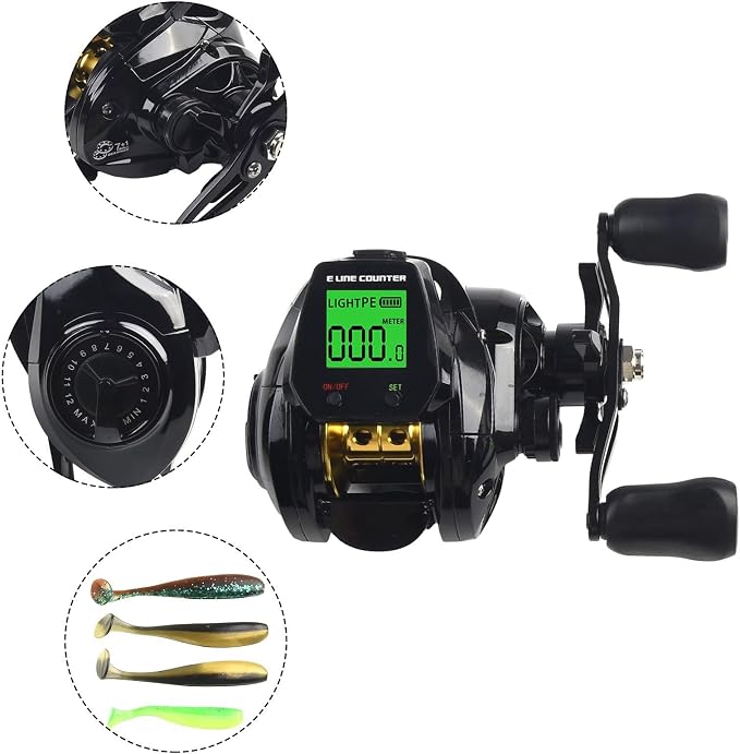 Digital Baitcasting Fishing Reel with Bite Alarm and Line Counter, 7.2:1 High Speed Gear Ratio, USB Rechargeable, 0-12 Adjustable Braking System