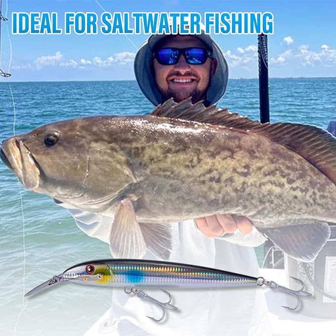 Dr.Fish Deep Diving Trolling Lures 13-20ft Saltwater Hard Fishing Lures 7.5" Deep Diving Jerkbait VMC Treble Hooks Pencil Twitch Bait Heavy Duty Offshore Plugs Striper Mackerel Tuna